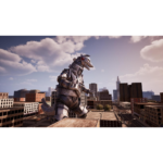 Large armored monster towers over a city skyline, stomping through a downtown street at sunset.