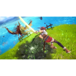 A female warrior lunges with a glowing sword at a dragon on a grassy cliff above bright blue water.