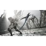 81mGl9Mac0L_SL1500___488151783705462 - Video Game Depot Armored warrior swings a curved blue blade at skeletal foes in a desolate snowy battlefield.