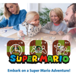Family of four playing a Mario-themed board game at a table, with colorful Super Mario logo and the slogan 'Embark on a Super Mario Adventure!'