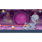 81mcRZOhKzL_SL1500___471561782502937 - Video Game Depot Small orange character faces a towering metal dragon blasting a red laser in a purple sci‑fi lab courtyard.