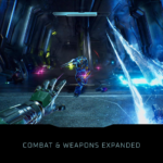 81mjszimeBL_SL1500___149481781709883 - Video Game Depot First-person sci-fi shooter scene: glowing armored foe centers the action as the player’s cybernetic glove reaches forward in a neon-lit corridor with ice-energy blasts to the right.