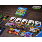 81nXrU0trYL_AC_SL1500___025111785339826 - Video Game Depot Minecraft Explorers board game set up on a wooden table: cards, tiles, and the blue box shown. Ravensburger logo in corner.