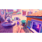 81oikEr8giL_SL1500___828711773681133 - Video Game Depot Whimsical video game courtyard with a stone fountain, colorful houses, potted plants, and a character in a cap holding a purple blaster.