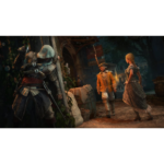 Hooded assassin peeks from behind a tree as two villagers in period clothing converse in a market street at dusk.
