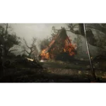 81q2praoiWL_SL1500___558581783533869 - Video Game Depot Desolate swamp scene with a burning wooden cabin-like structure at center; charred trees surround it, and a long blade shows in the foreground on the right.