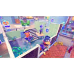 81qxQa1tPgL_SL1500___372411773681133 - Video Game Depot Two cartoon penguins on a rooftop in a vibrant futuristic game scene, with glass floor, plants, and sci‑fi equipment on the balconies.