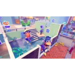 Two colorful cartoon characters with masks explore a bright, futuristic rooftop game level with glass walls and plants.