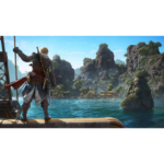 Back-view of a pirate-like character standing on a wooden boat, overlooking a tropical island with rocky cliffs and palm trees in the distance.