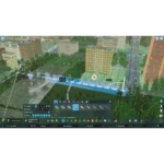 81tievk4g2L_SL1500___484531773762803 - Video Game Depot Screenshot from a city-building game showing an elevated view of a high-rise building, surrounding roads, trees, and a blue zoning/planning overlay with UI panels at the bottom.