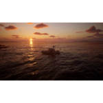 81u27qfuK2L_SL1500___133921781729945 - Video Game Depot A small fishing boat on dark blue water at sunset with an orange sky and clouds around the horizon.