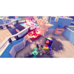 81uLXeciR9L_SL1500___225751773681133 - Video Game Depot Cartoon character with backpack and yellow helmet running through a neon indoor obstacle course as red energy explodes on a track ahead.