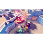 Cartoon game scene: a character in a yellow helmet and backpack dodges a red explosion in a bright, futuristic room.