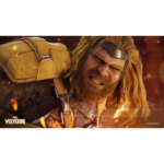 Close-up of Wolverine from Marvel, snarling with long hair and battle armor amid fiery sparks and smoke.