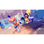 Two animated characters in bright outfits duel with foam blasters on a rooftop playground in a colorful game setting.