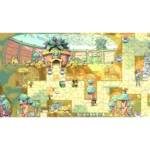 Whimsical cartoon video game level with tiled yellow ground, colorful houses, and small characters exploring a sunlit village.