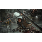 Hooded assassin in rain wielding dual swords in a combat stance during a stormy urban street battle.