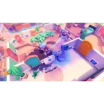 Vibrant isometric game scene on a rooftop: a hovering drone beams energy toward a platform while a small character watches nearby.