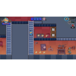 81xYJ01RlVL_SL1500___647101782502937 - Video Game Depot Cartoon platform game scene: a character climbs a ladder in a multi-level workshop with crates, bones on the floor, and cooking pots in the background.
