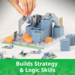 Hands assemble a blue modular construction kit to illustrate building strategy and logic skills.