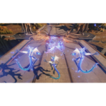Three blue dragon-like creatures hover above a stone walkway with a glowing purple energy core in the center.
