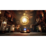 8421f1e4-4afe-4b02-89ec-d49908e05788__517791781638979 - Video Game Depot Luxurious Victorian-style lobby with dark wood paneling and a large glowing spherical chandelier centered above a circular pedestal in the grand hall.