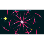 Neon arcade-style space shooter with pink concentric rings around a bright white center; a yellow planet to the left and dark teal background.