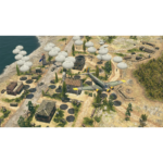 913MEpk1fmL_SL1500___014811782506530 - Video Game Depot Aerial view of a WWII drop zone with many open parachutes near a coastal village and a yellow-tipped transport plane landing nearby.