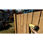91D2epvxFJL_SL1500___993801776803171 - Video Game Depot First-person view holding a yellow gaming gun behind a tall wooden fence in a sunny yard with trees and a house in the background.