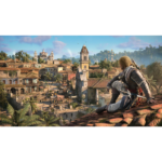 Assassin's Creed-style pirate on a rooftop overlooking a sunlit colonial town square with bell towers and palm trees.
