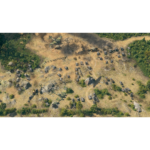 91MrYET4baL_SL1500___092141782506530 - Video Game Depot Aerial view of a WWII battlefield with several tanks, trucks, and two green fighter planes amid dust and smoke in a forested clearing.