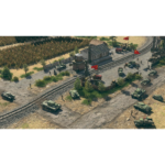91SNLxNURCL_SL1500___873221782506530 - Video Game Depot Wartime battlefield with multiple tanks along a dusty road beside railway tracks and a small encampment with soldiers and red flags.