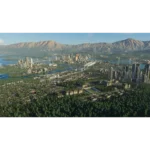 91YBCmoZPAL_SL1500___227471773762815 - Video Game Depot Aerial view of a sprawling city with tall buildings beside a river, surrounded by green trees and distant mountains under a clear sky.