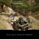 91lj384l7eL_SL1500___512331781709891 - Video Game Depot Futuristic armored vehicle with soldiers driving through a rocky desert canyon; on-screen HUD shows a marker and distance.