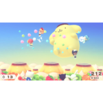 Colorful game scene: a large yellow fluffy creature floats in a pastel sky while small characters throw colorful candy-like objects around. A fruit-filled landscape sits below with round platforms and plants.