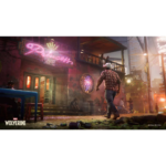 Man in a plaid shirt and cap walks down a neon-lit street outside a pink-glow bar, with the Wolverine logo visible in the corner.