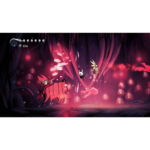 In a dark pink cavern, a red-winged creature faces a small white horned figure among glowing orbs and lanterns.