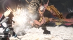 9fae6482-f8db-4de6-9874-084392743850 - Video Game Depot Armored fighter in white and black clashes with a huge golden beast wielding a curved blade in a snowy battlefield.