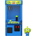 Blue Toy Story-themed claw crane arcade machine with a green alien toy inside and a yellow button on the base.