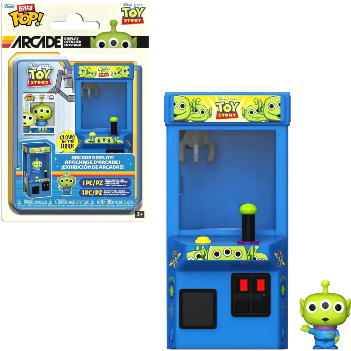 Toy Story alien arcade display toy with blue cabinet and claw, packaging shows alien characters and 'Toy Story' logo