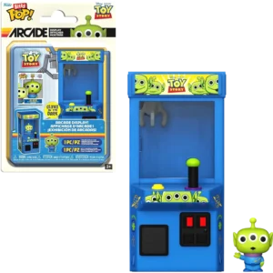 Toy Story alien arcade display toy with blue cabinet and claw, packaging shows alien characters and 'Toy Story' logo