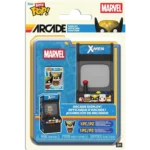 Packaging for a Funko Bitty Pop Marvel X-Men arcade display set, featuring a miniature arcade cabinet and Wolverine figure in blue, yellow, and black.