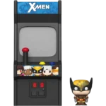 X‑Men themed arcade cabinet with a gray screen, red joystick, and yellow and blue buttons, shown beside a Wolverine mini figure.
