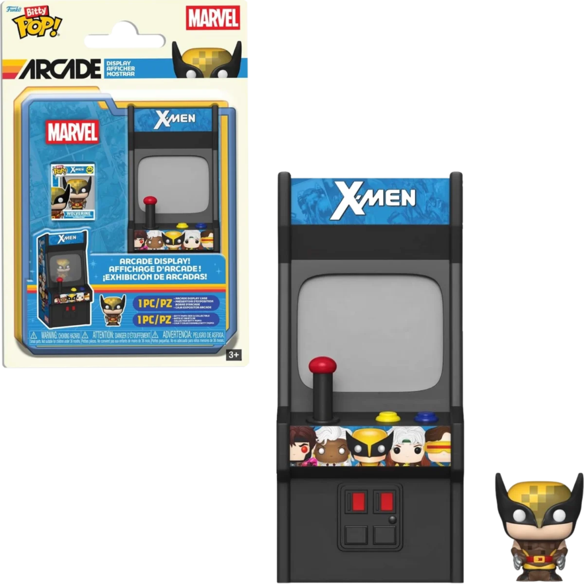 Packaging for a Marvel X-Men Funko Pop! Bitty Arcade display case, showing the arcade cabinet and a small Wolverine figure in front.