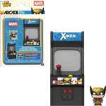 Packaging for a Marvel X-Men Funko Pop! Bitty Arcade display case, showing the arcade cabinet and a small Wolverine figure in front.