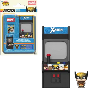 Packaging for a Marvel X-Men Funko Pop! Bitty Arcade display case, showing the arcade cabinet and a small Wolverine figure in front.