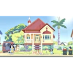 Colorful cartoon neighborhood with a large decorative house, palm trees, and barking dogs in front yard, under a bright blue sky.