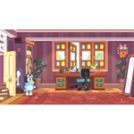 Animated home office scene: a blue dog stands near a wooden desk with a green lamp, chair, and bookshelves.