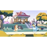 Cartoon park scene with a blue dog holding a pink wand and an orange cat, a large stilt house in the background.