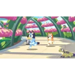 Two cartoon dogs run along a curved path in a bright, pink-flowered garden; blue dog carries a camera while orange dog waves.